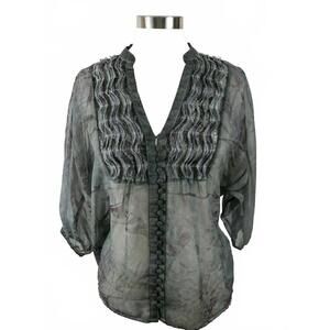 Jeans by Buffalo Womens Sheer Polyester 3/4 Sleeve Button Down Gray Blouse Small